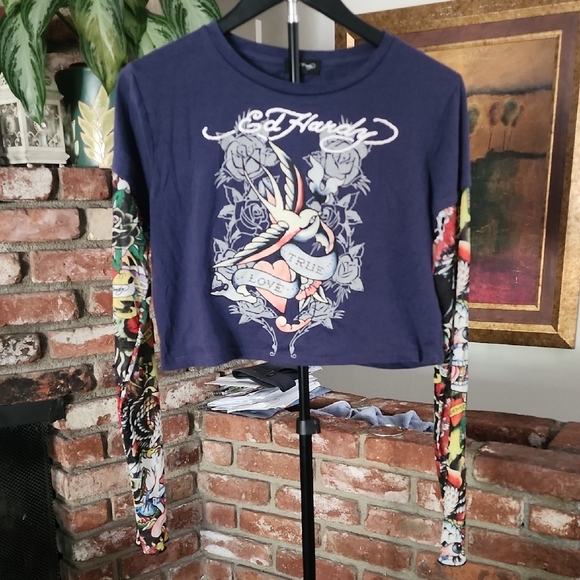 Ed Hardy Tops - Ed Hardy Cropped Tattoo Graphic Long Sleeve Tee Y2K Navy XL